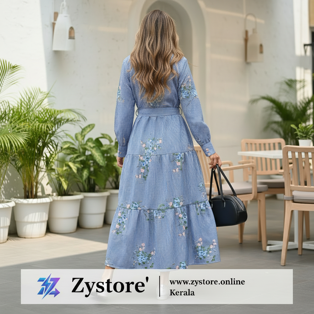 Blue & White Striped Floral Printed Shirt Collar Maxi Dress