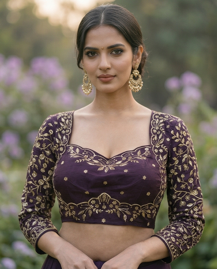 Imperial Amethyst Silk Blouse with Gilded Botanicals