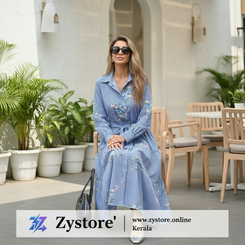 Blue & White Striped Floral Printed Shirt Collar Maxi Dress