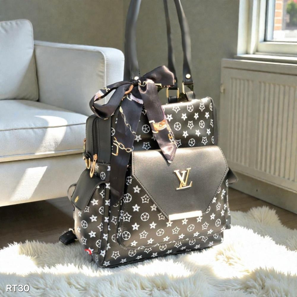 Big Size 2-in-1 LV Model PU Leather Backpack with Scarf and Multiple Pockets