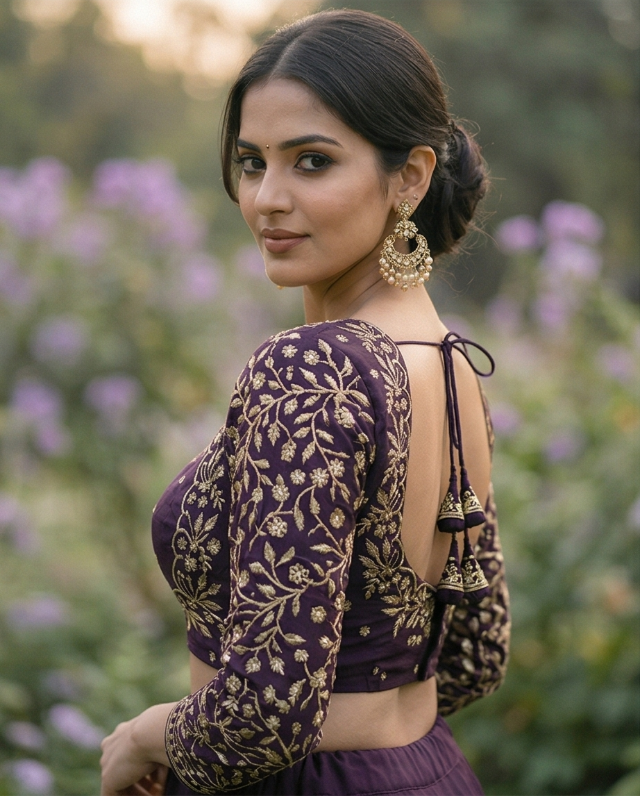 Imperial Amethyst Silk Blouse with Gilded Botanicals