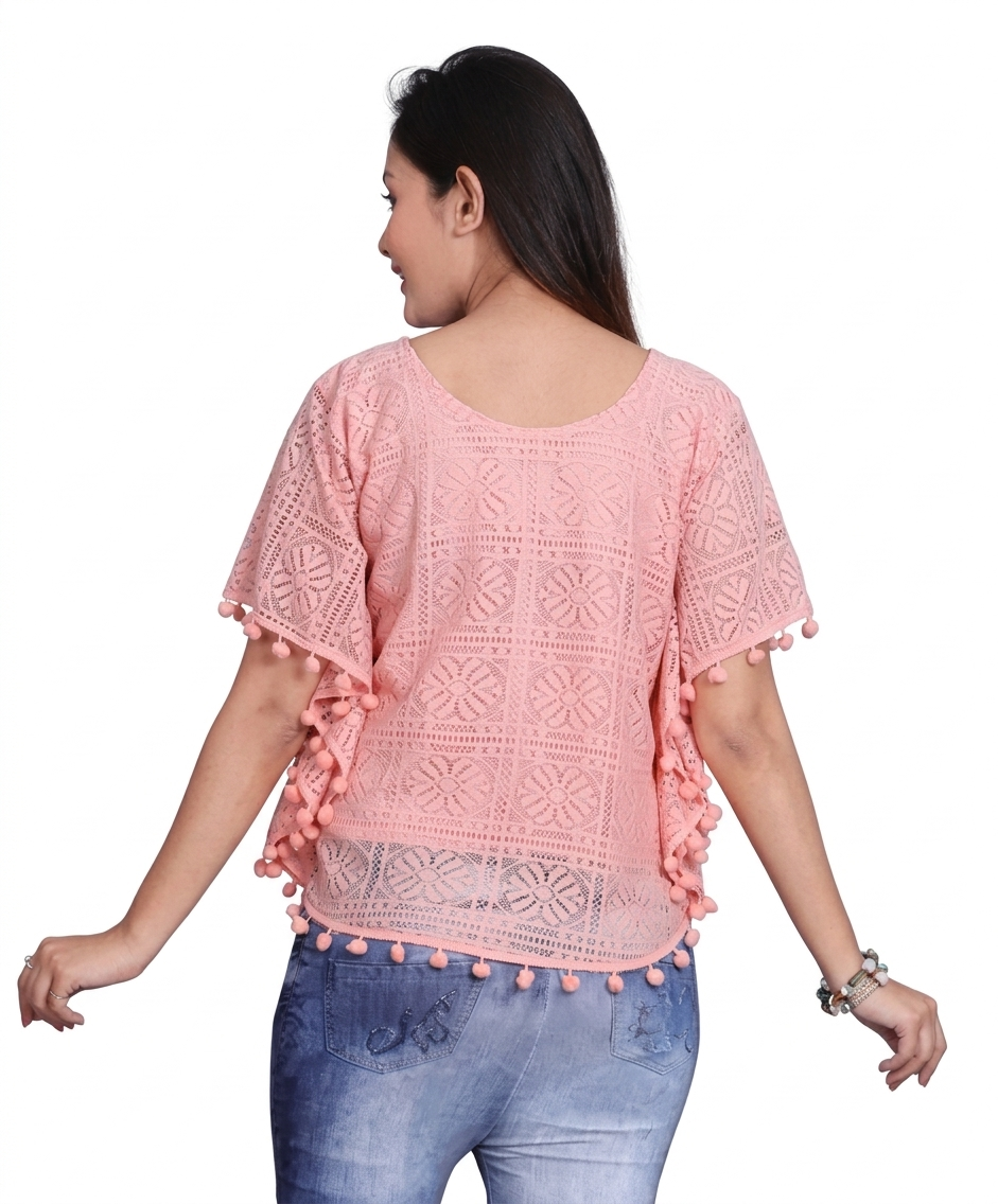 Women's Pink Geometric Lace Flutter Sleeve Top with Pom-Pom Trim