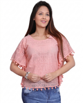 Women's Pink Geometric Lace Flutter Sleeve Top with Pom-Pom Trim
