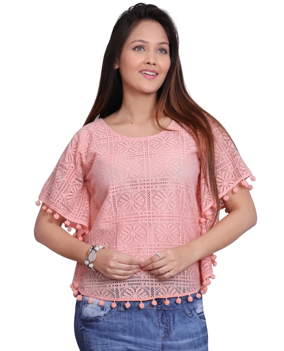 Women's Pink Geometric Lace Flutter Sleeve Top with Pom-Pom Trim