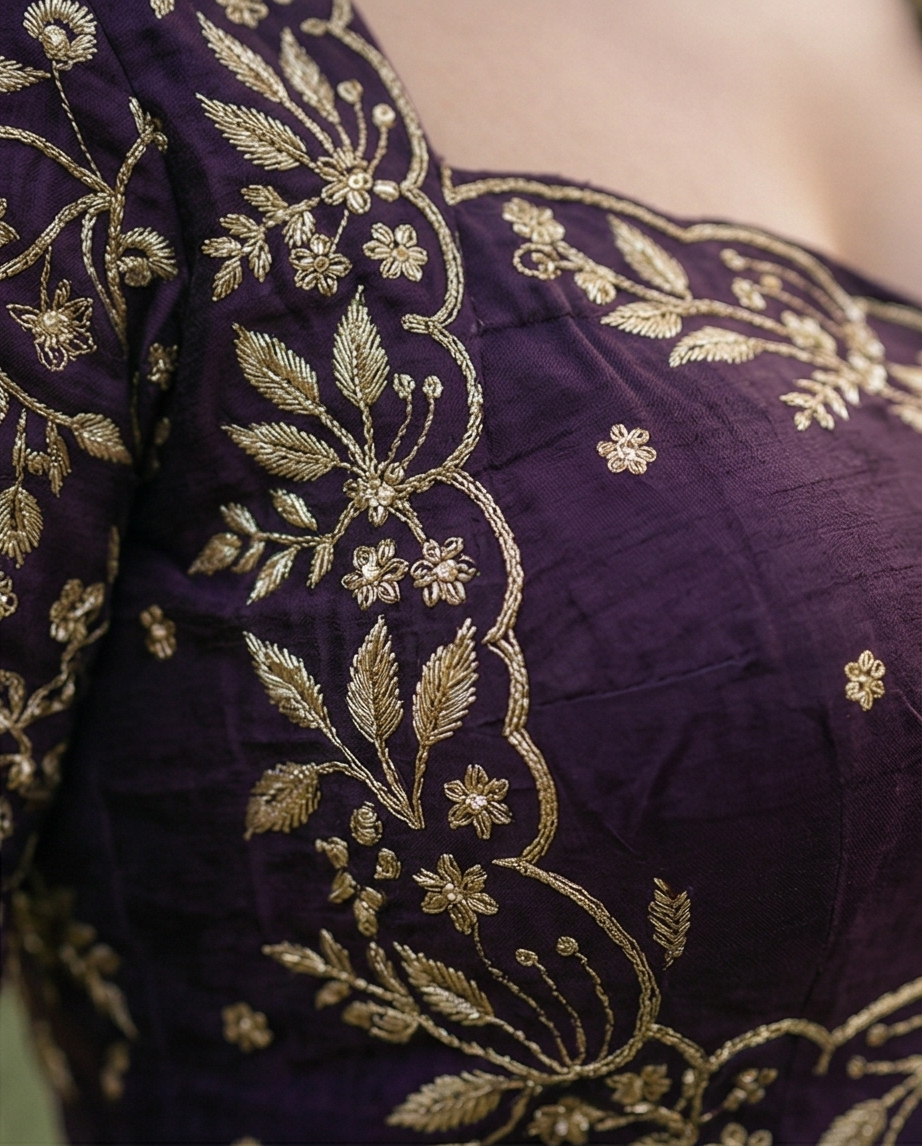 Imperial Amethyst Silk Blouse with Gilded Botanicals