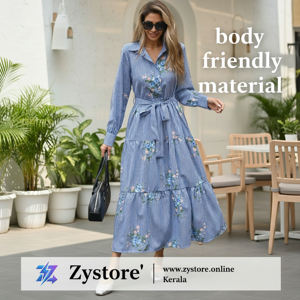 Blue & White Striped Floral Printed Shirt Collar Maxi Dress