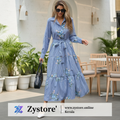 Blue & White Striped Floral Printed Shirt Collar Maxi Dress