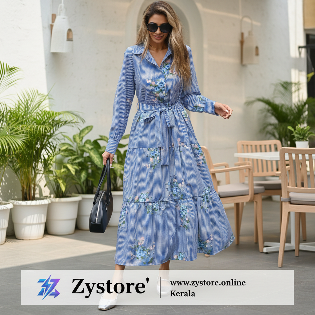 Blue & White Striped Floral Printed Shirt Collar Maxi Dress
